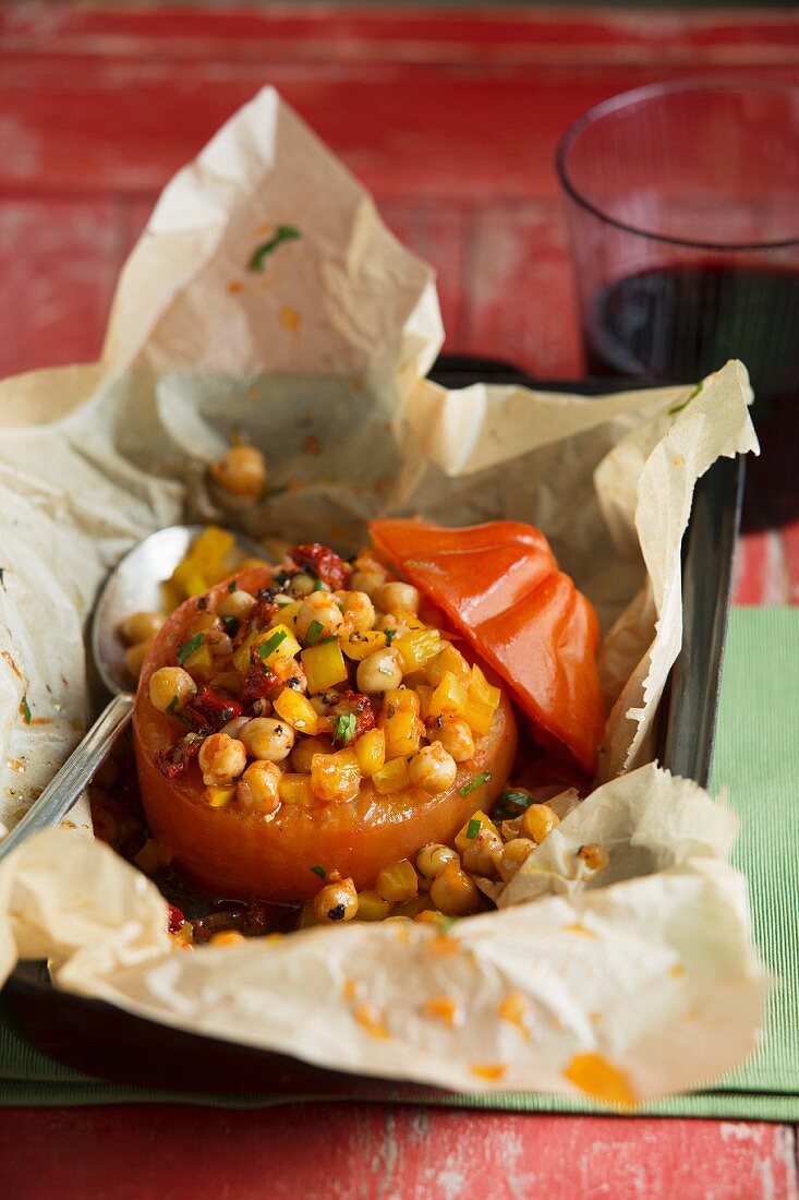A tomato filled with chickpeas