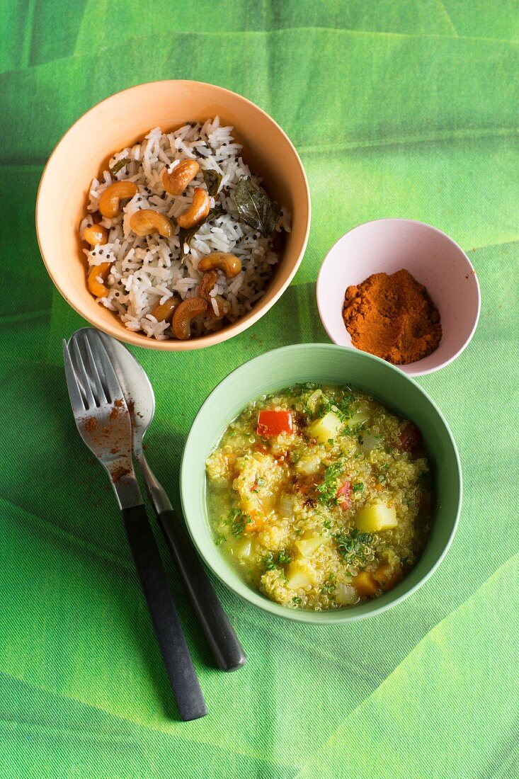 Lemon rice with cashew nuts and quinoa soup with coriander