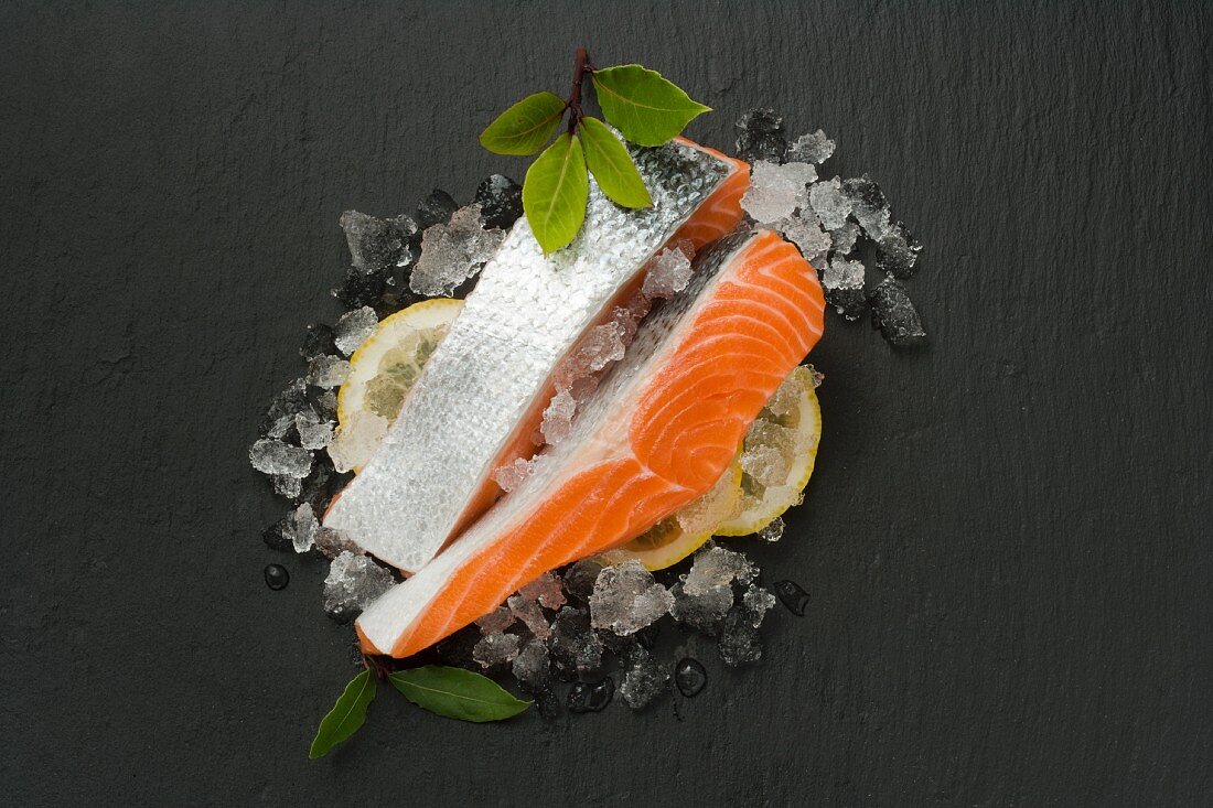 Sea trout fillet on ice cubes and lemon slices