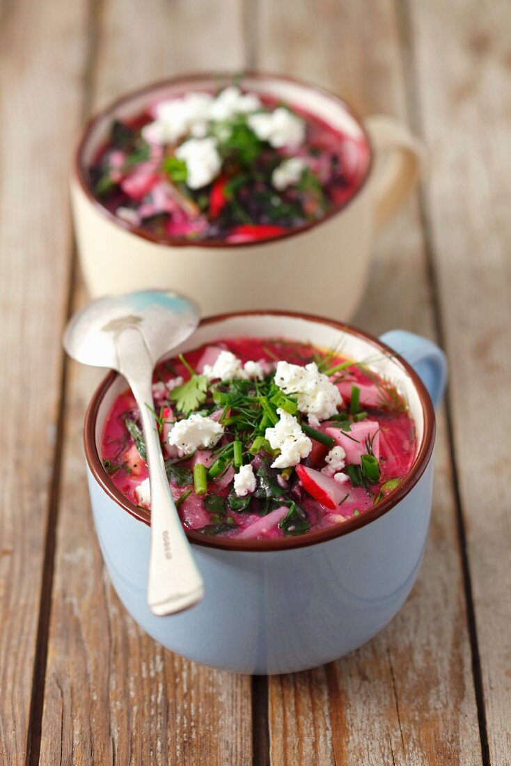 Cold beetroot soup with radishes, herbs, buttermilk and quark