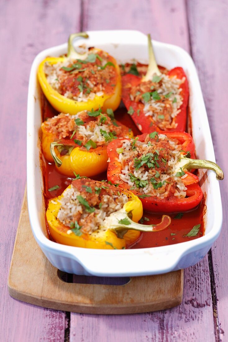 Stuffed peppers with rice and pork in tomato sauce