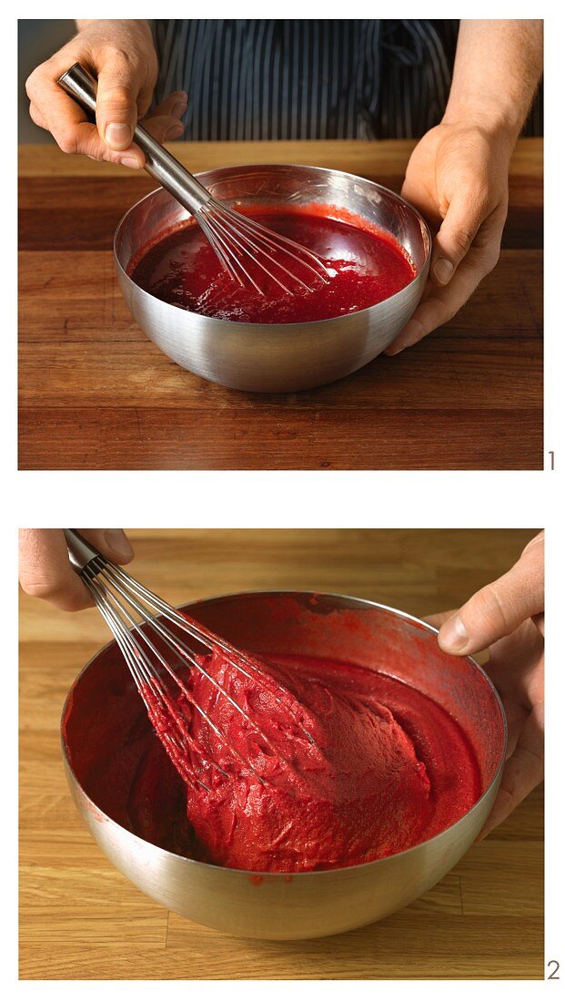 Berry sorbet being stirred by hand