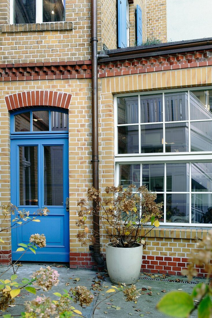 Brick façade with blue door and industrial-style windows