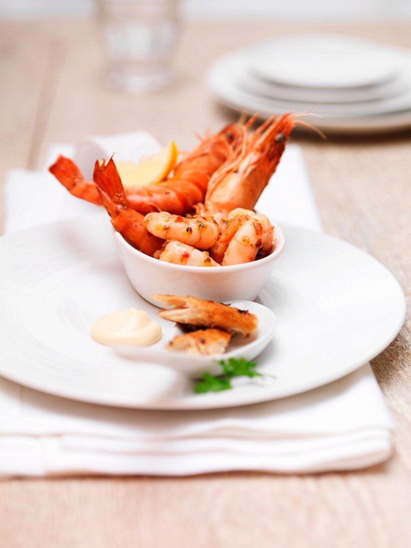 A seafood platter with king prawns, prawns and smoked mackerel
