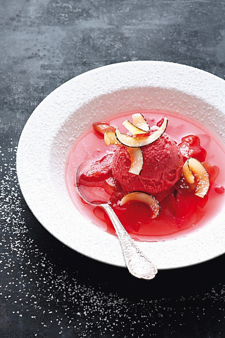 Rhubarb consomme with strawberry and coconut sorbet