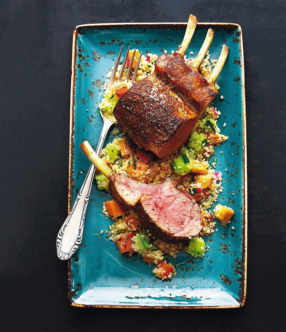 Saddle of lamb with rhubarb and cucumber couscous