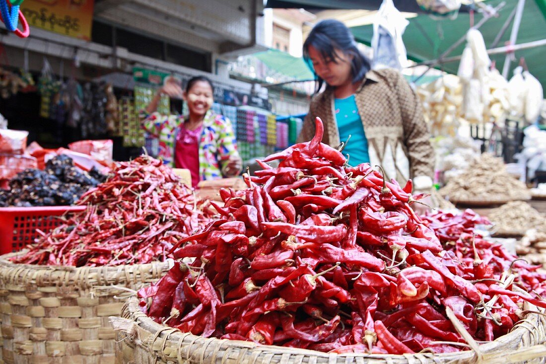 Dried chilli peppers at a market in Monywa (Myanmar, south-east Asia)