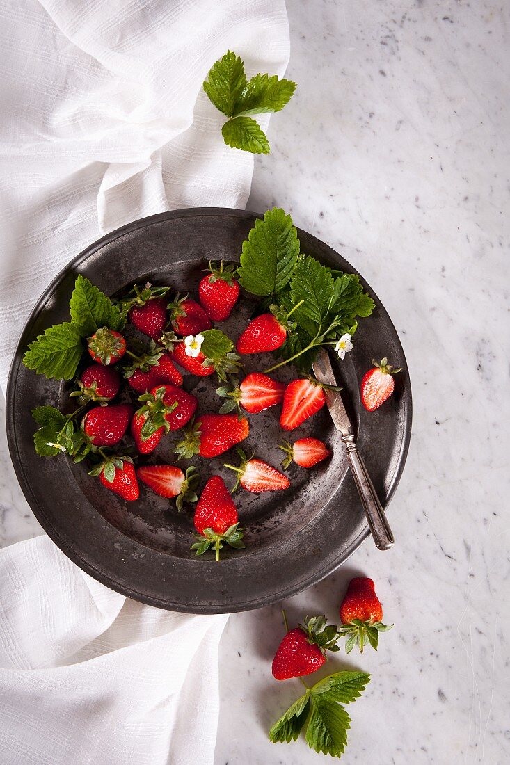 Erdbeeren mit Blättern und Blüten auf Metallteller