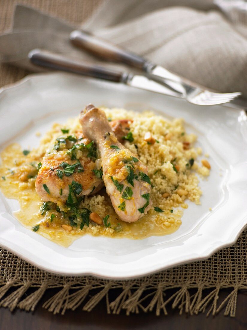 Braised Orange Chicken with Pine Nut and Mint Couscous