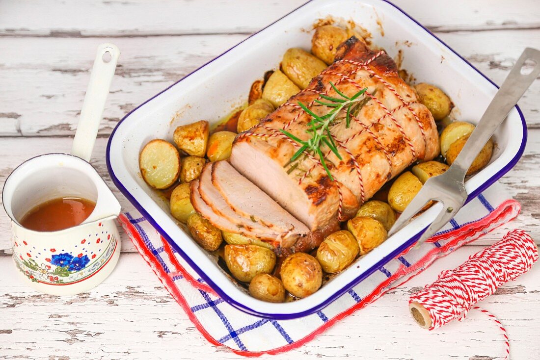 Roast pork with potatoes in a roasting dish