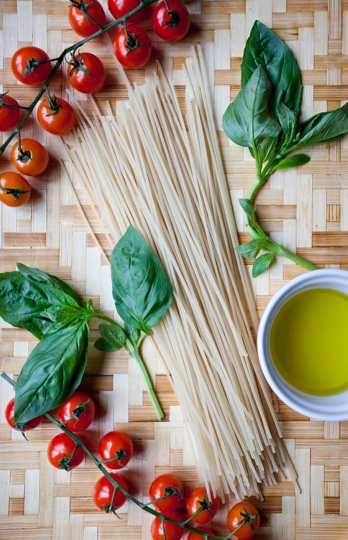 Ingredients for pasta with tomatoes and basil