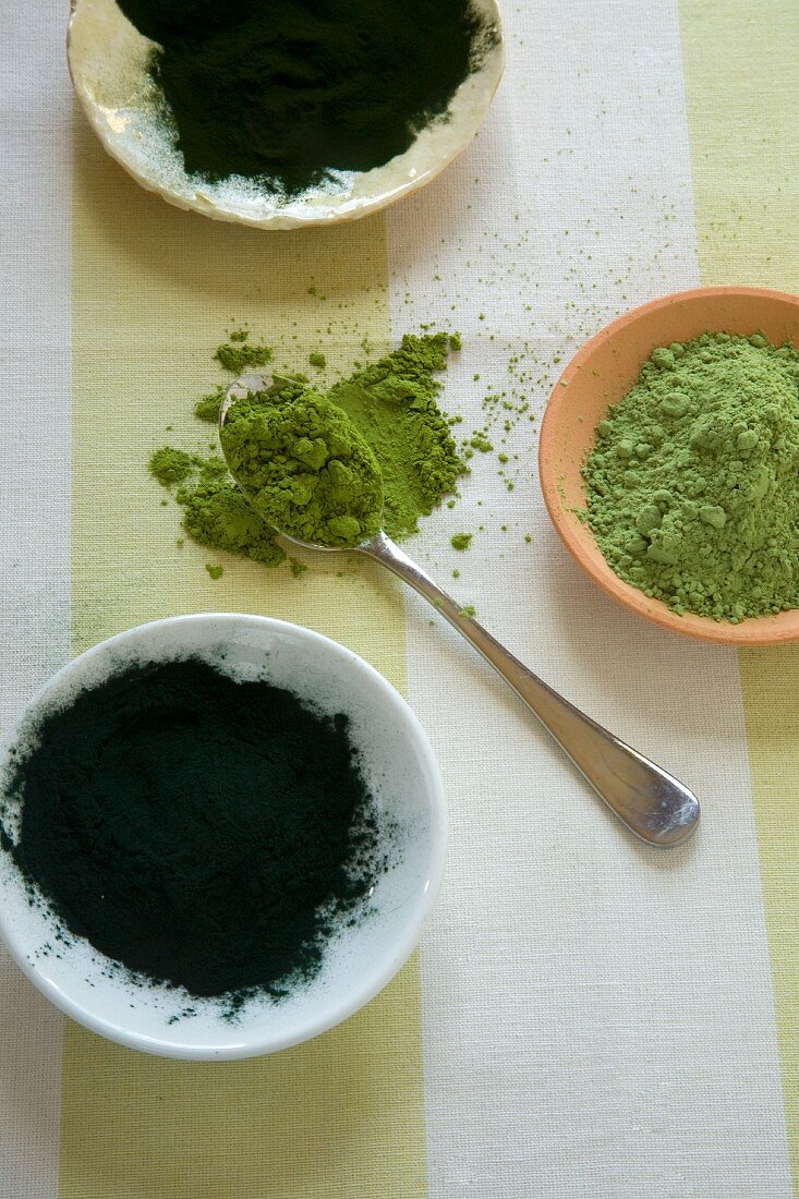Grüne Superfood-Pulver in Schüsseln und Löffel
