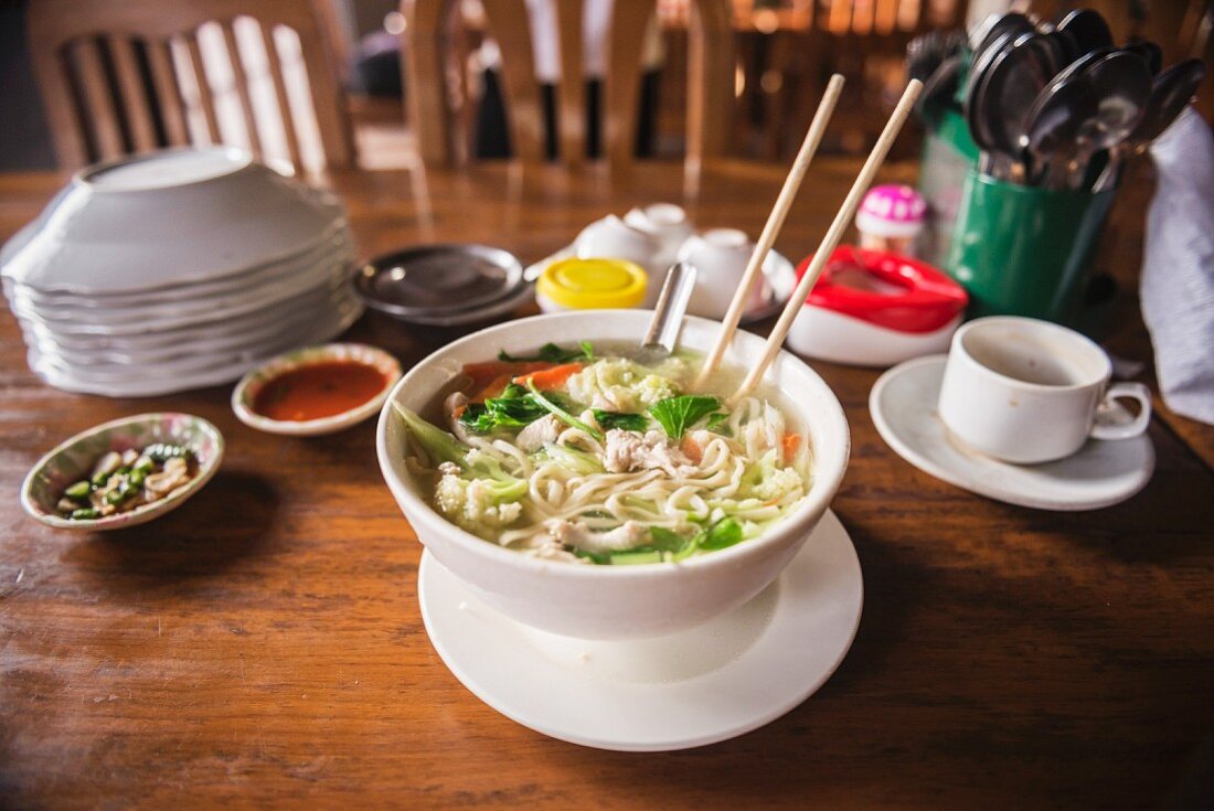 Traditional Burmese noodle soup (Myanmar, Burma)