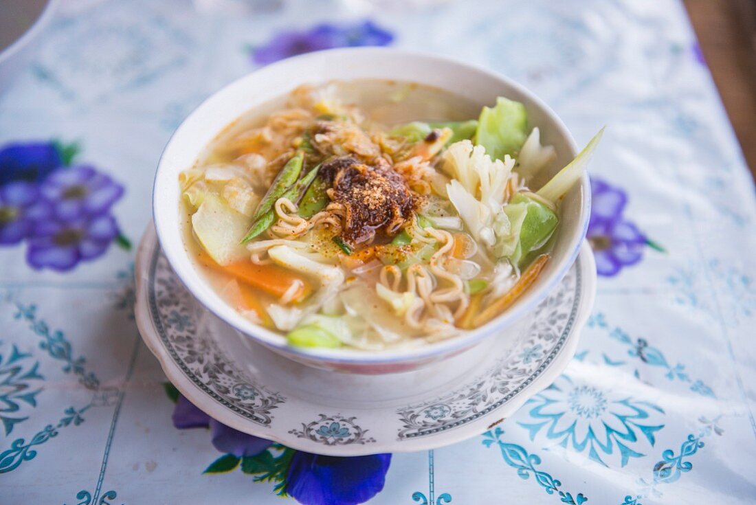 Traditional Burmese noodle soup (Myanmar, Burma)