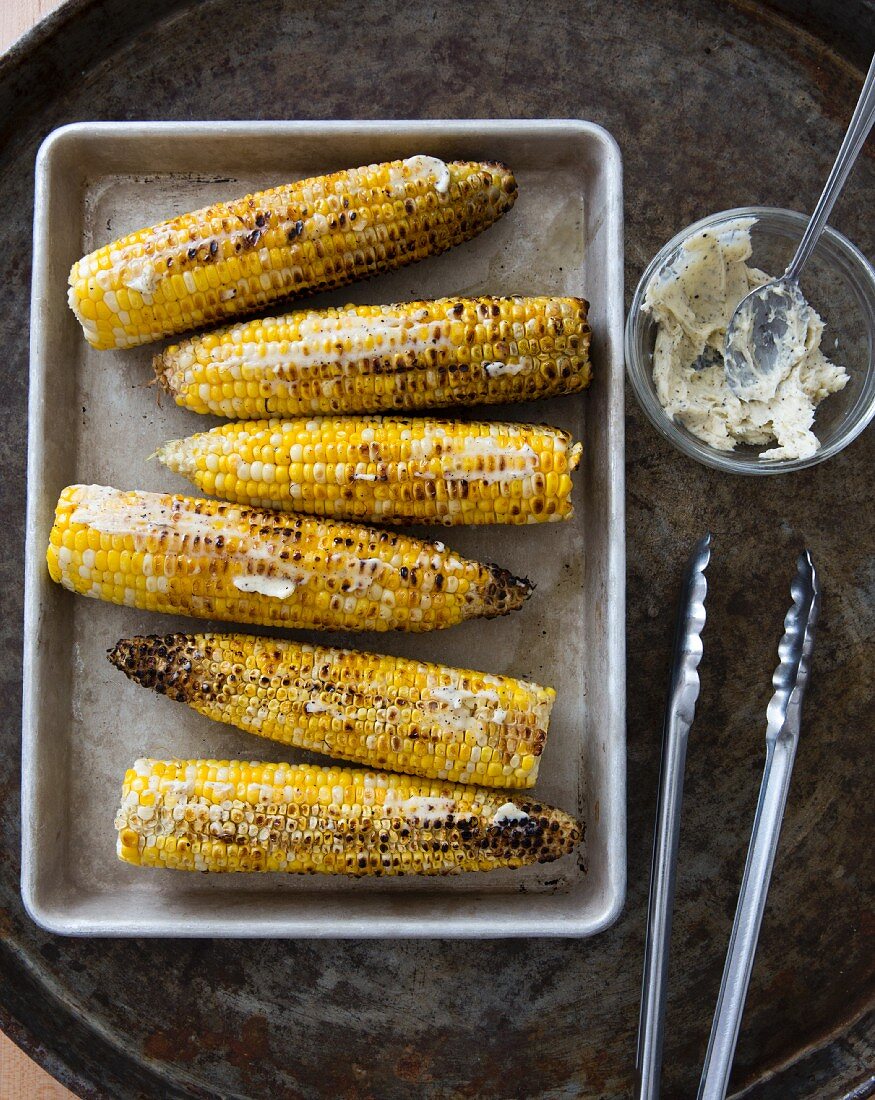 Grilled corn cobs with herb butter on a baking tray