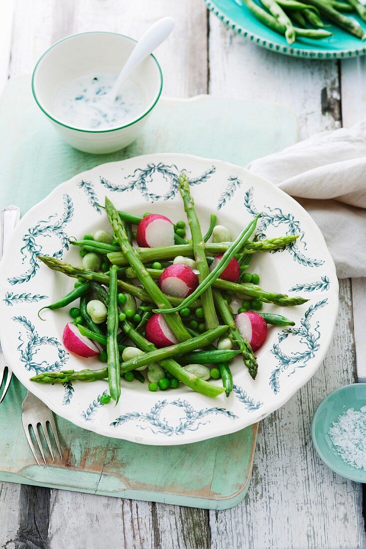 Spargel-Erbsen-Salat mit Bohnen und Radieschen