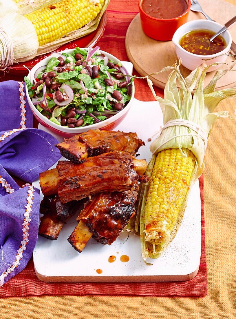 Barbecued ribs with black bean salsa