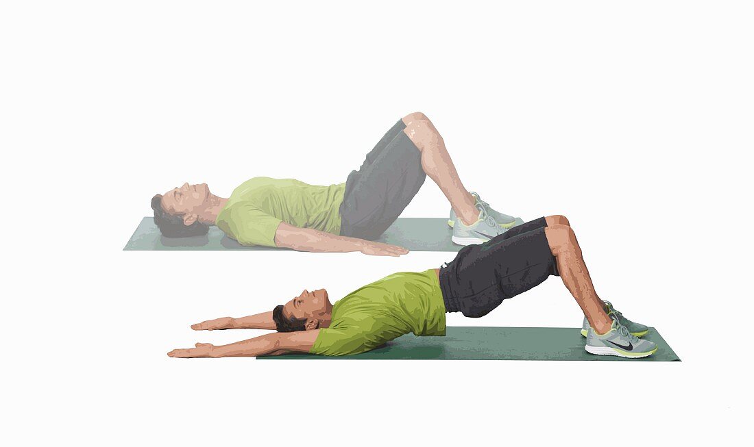 Shoulder bridge – Step 1: lie on back, legs bent – Step 2: raise pelvis