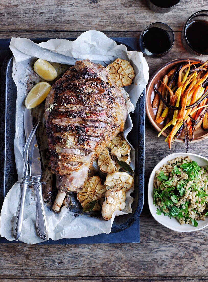 Roast lamb and carrots with buckwheat and carrot top pilaf