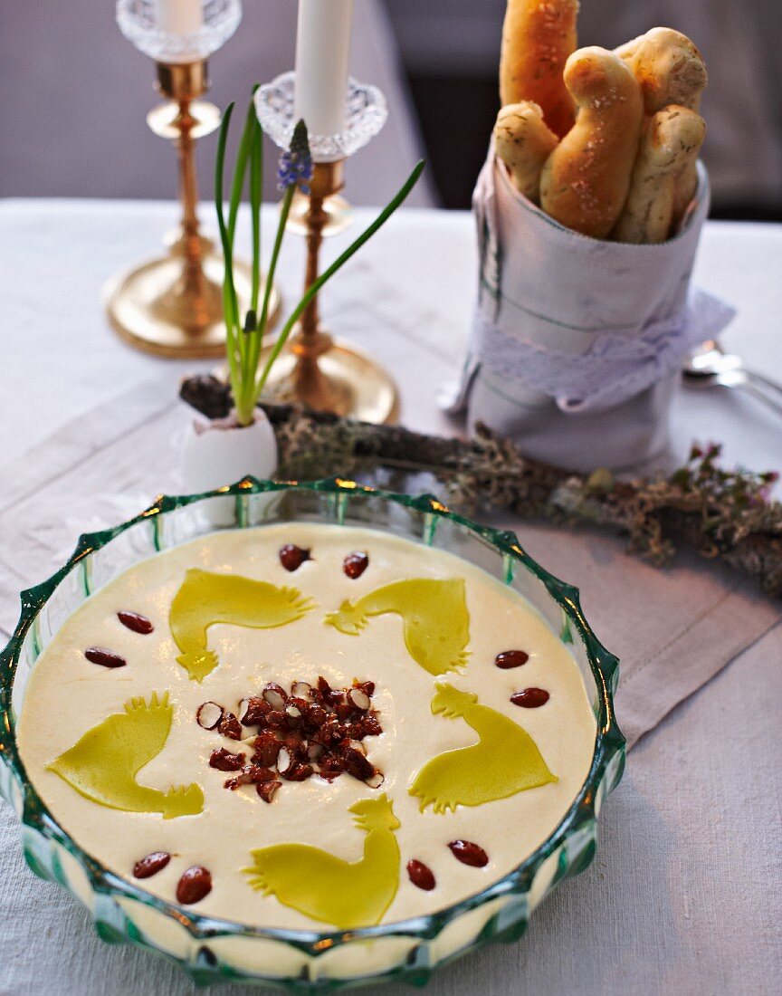 Peach mousse with candied chopped almonds for Easter