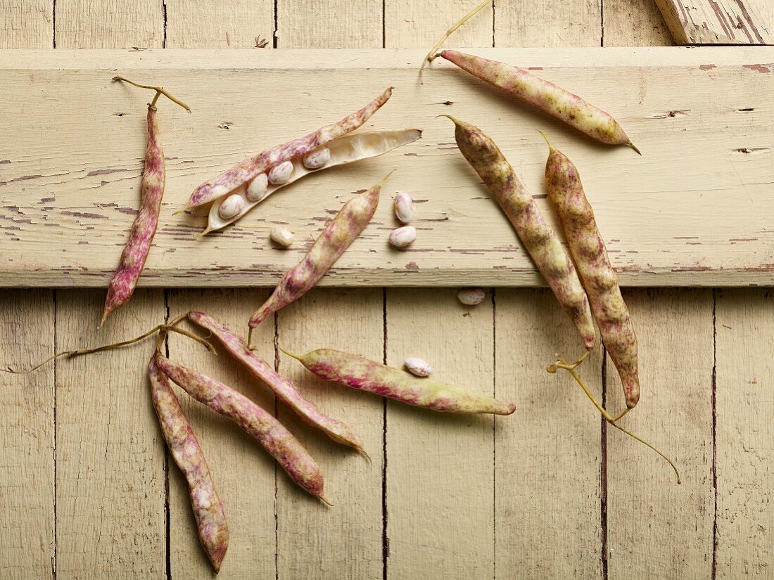 Borlotti beans on an old wooden door