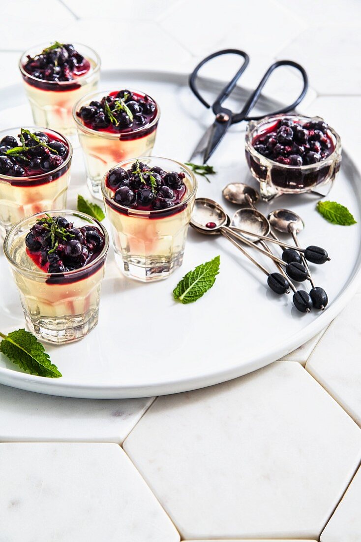 Elderflower jelly with blackcurrant compote