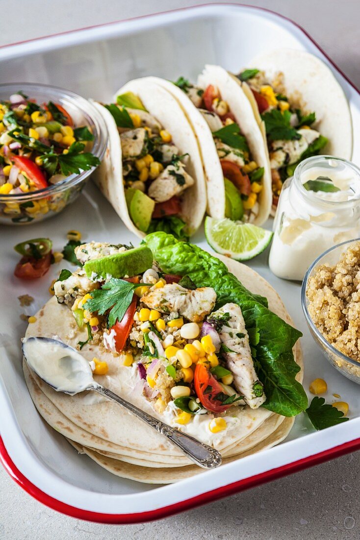 Fish tacos with couscous and corn salsa