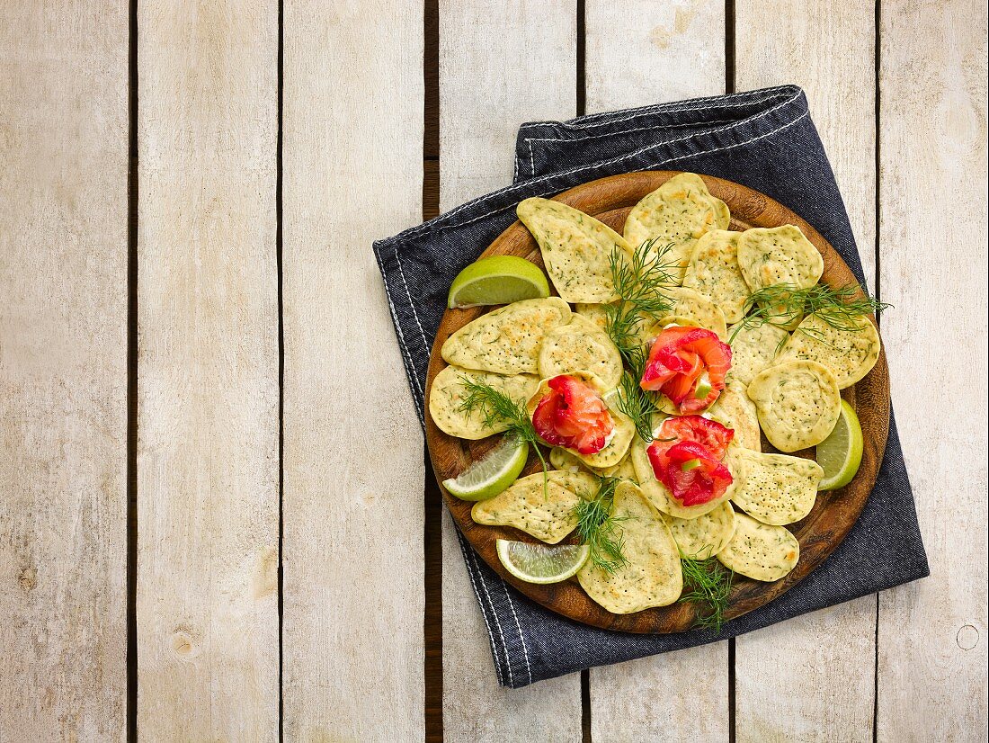 Cured salmon on dill pancakes