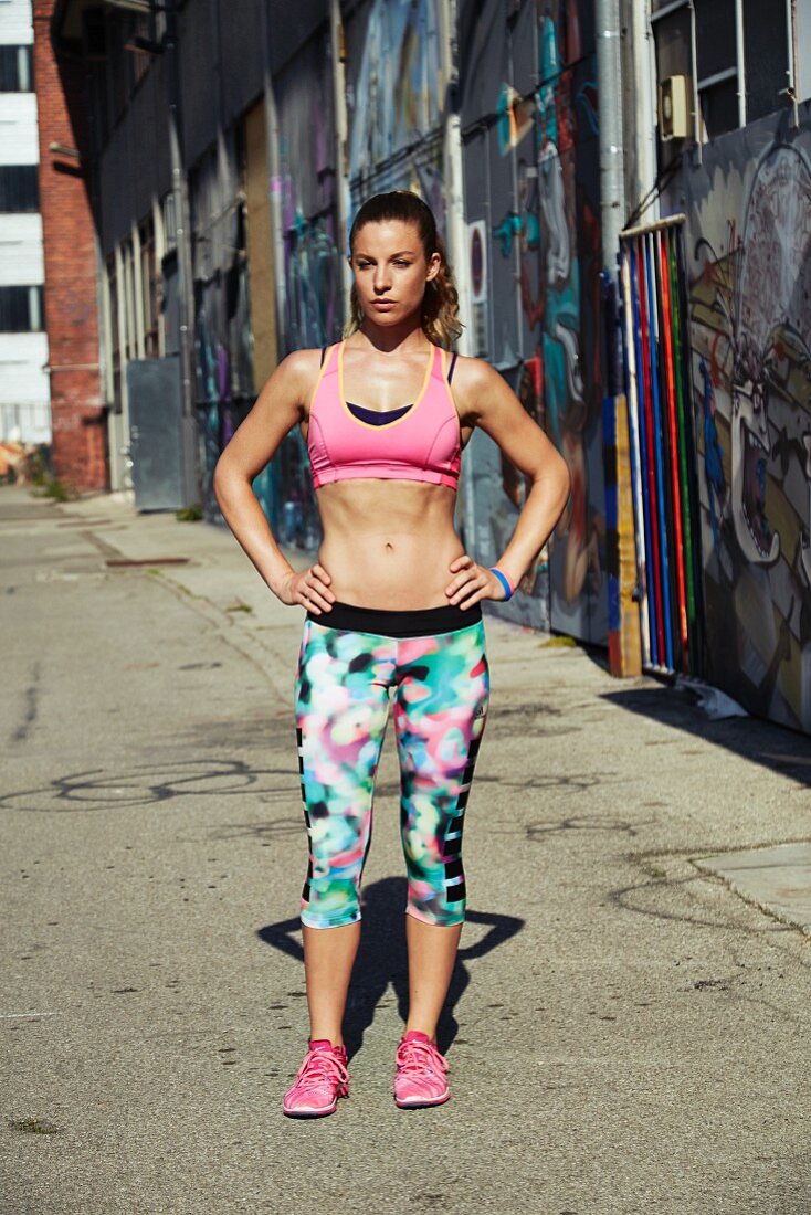 A woman wearing sports clothing