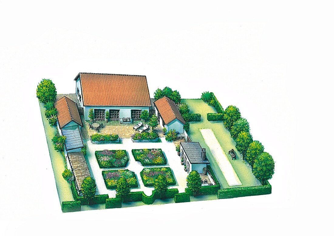 A perspective plan of a garden with an orangerie