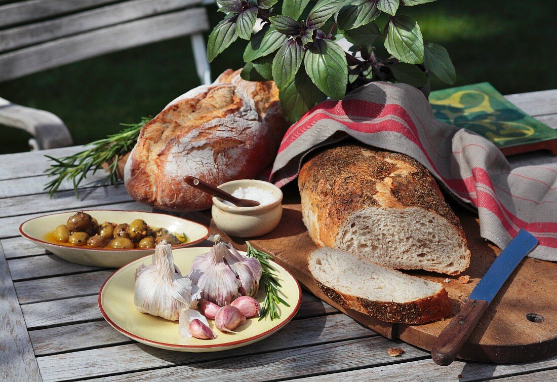 Brot, frische Kräuter, Knoblauch, Oliven und Salz auf Gartentisch