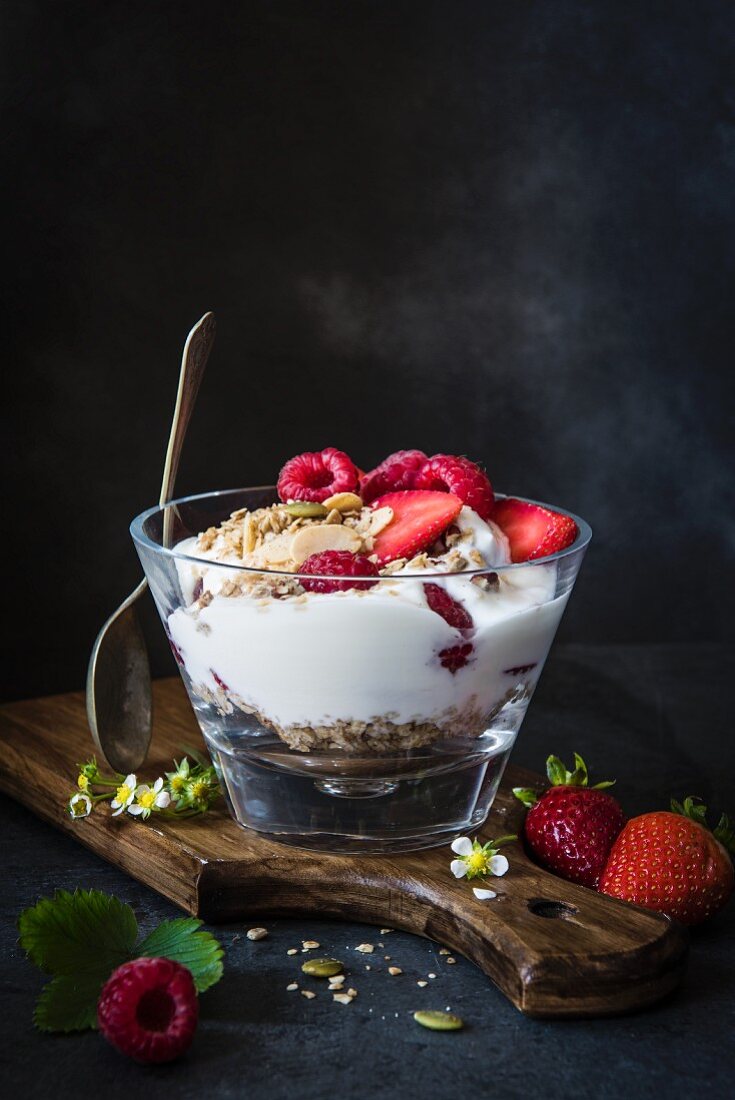 Muesli with Greek yoghurt and berries for breakfast