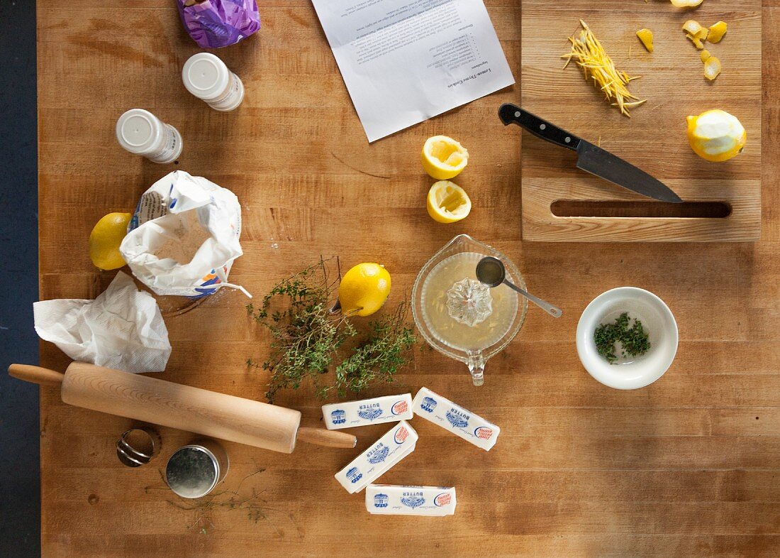 Ingredients for thyme butter biscuits seen from above