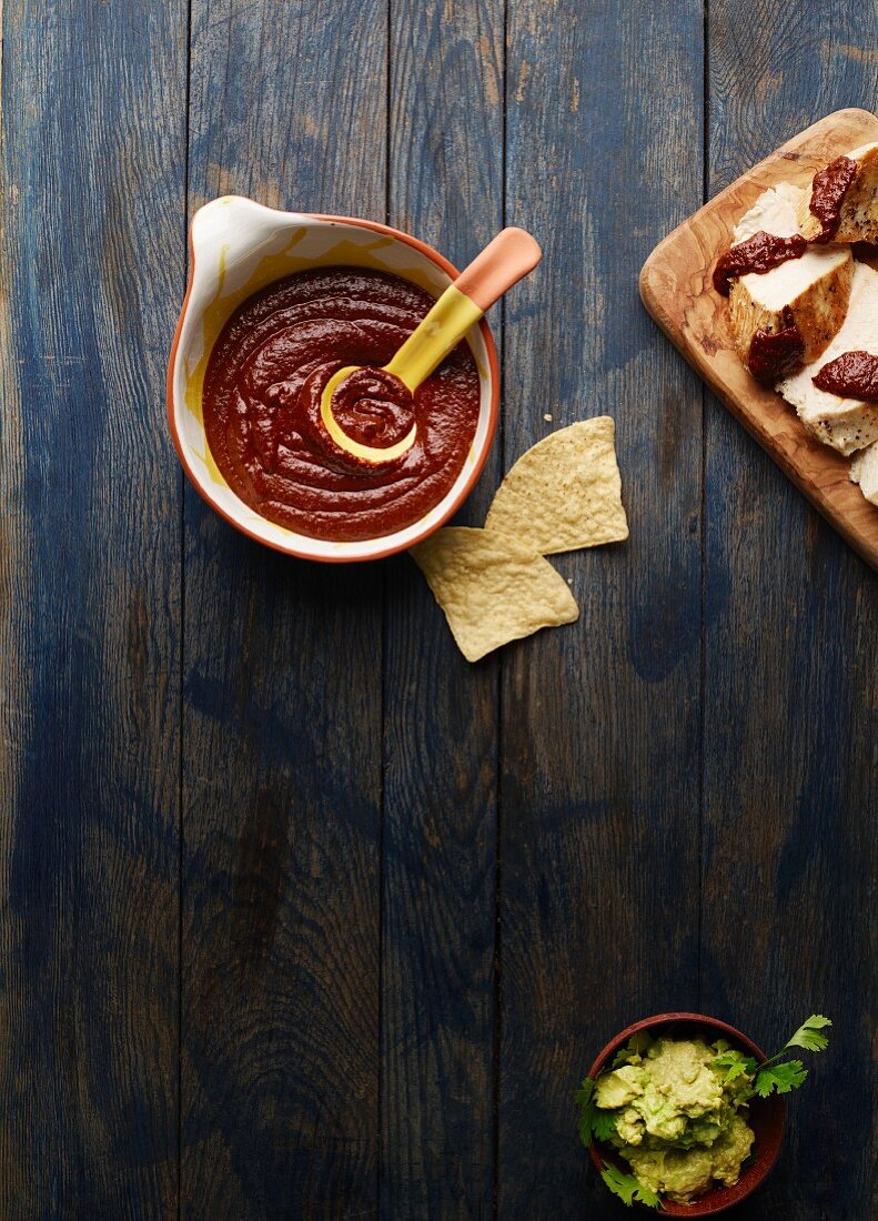 Homemade mole with tortilla chips