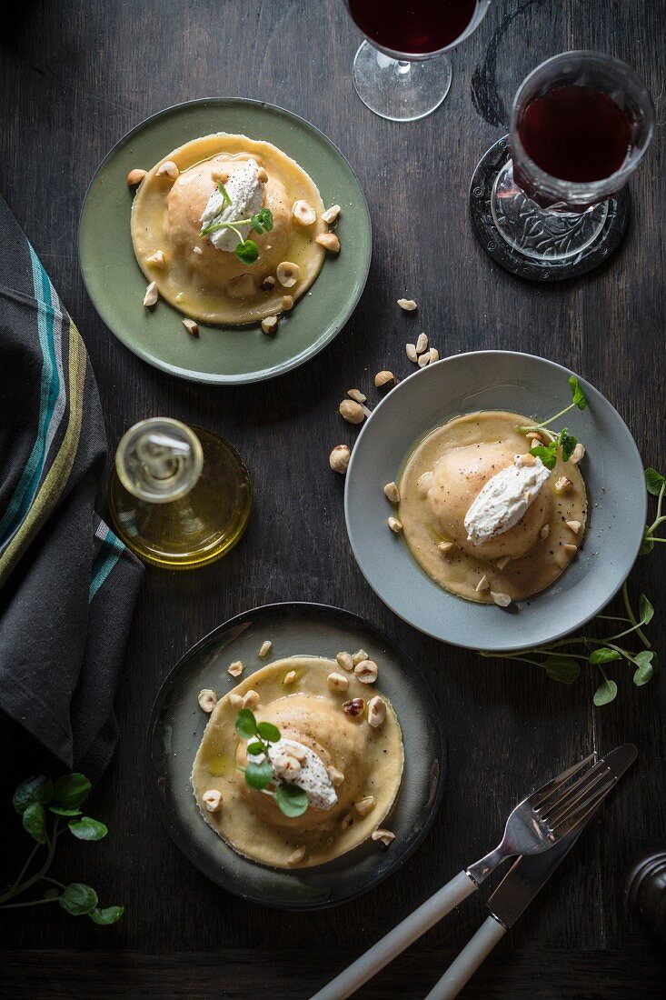 Ravioloni filled with vegetable cream and egg yolk