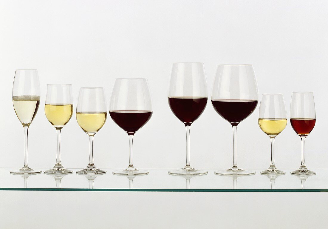 Gläser für Schaumwein, Weißwein, Rotwein und Dessertwein