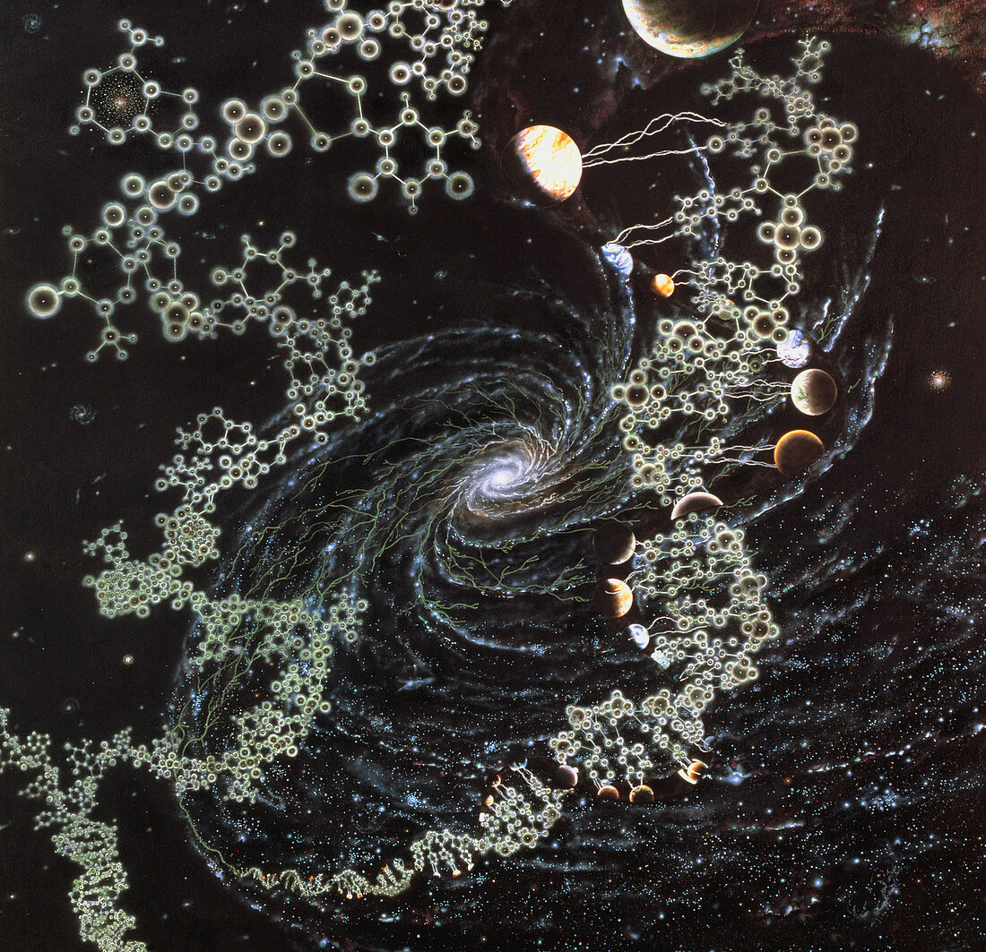 Coneptual artwork of DNA molecule linking planets