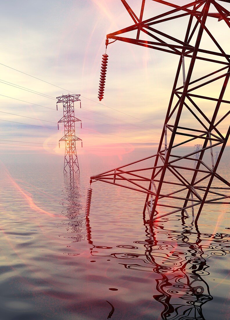 Electricity pylons in water,illustration