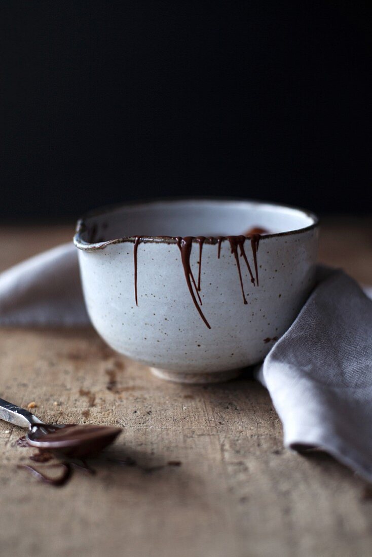 Melted chocolate in a ceramic bowl