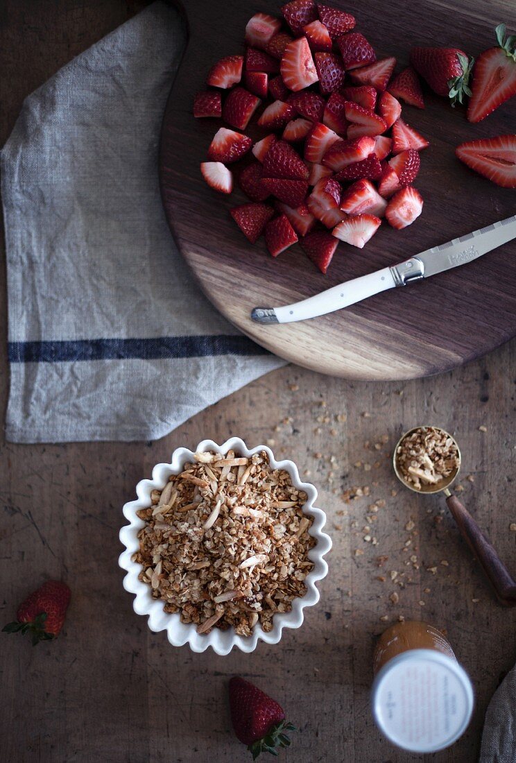 Ingredients for strawberry parfait with almond granola