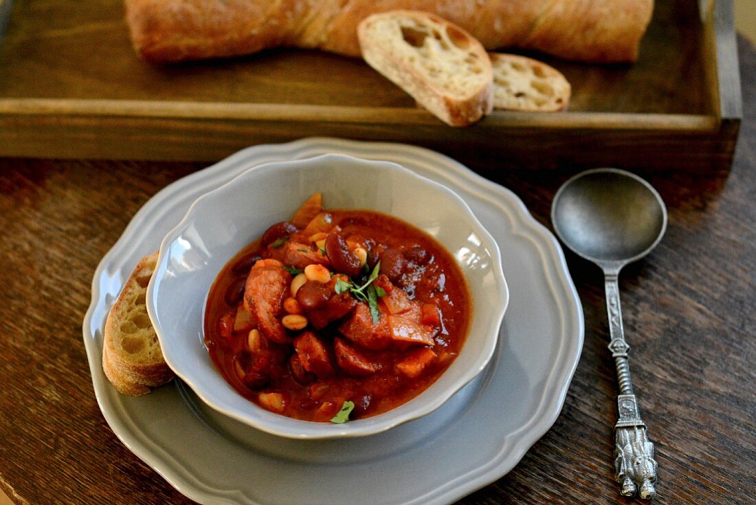 Bean soup with sausage and bread