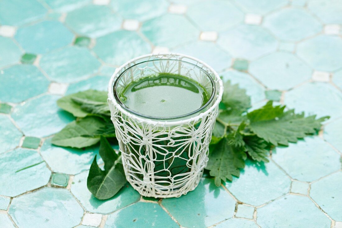 A green smoothie with stinging nettles and dandelion