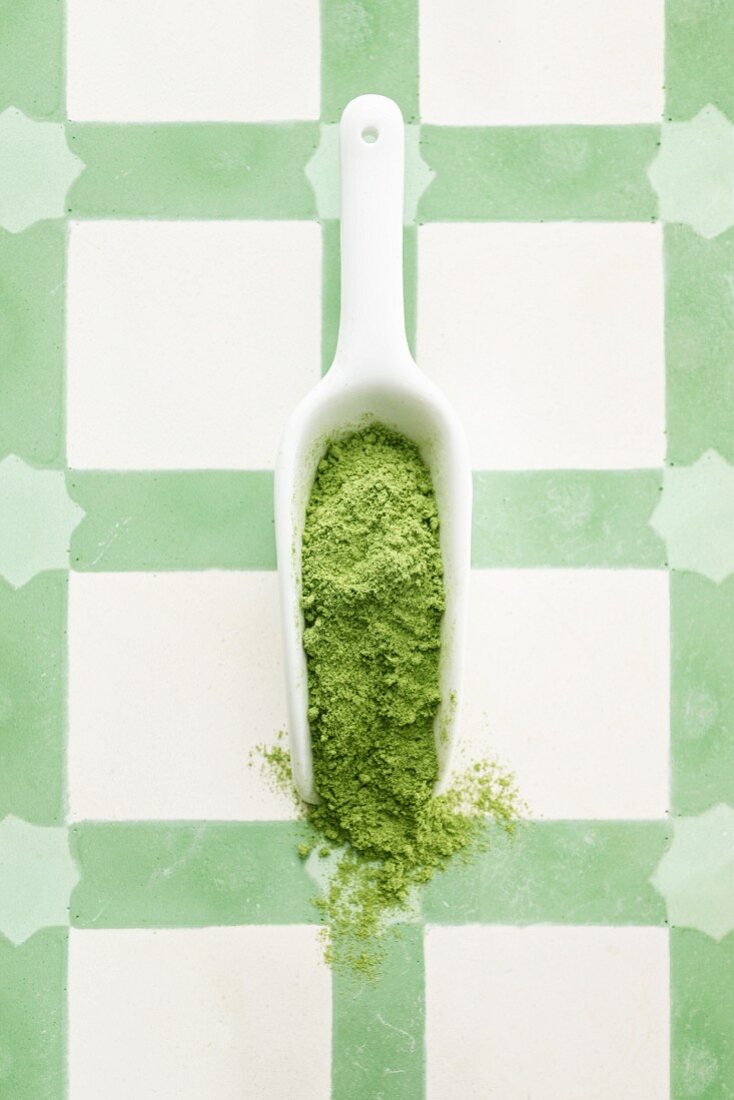 Wheatgrass powder on a porcelain scoop (seen from above)