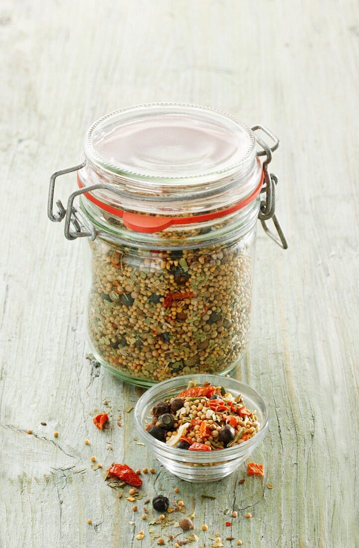 A mixture of preserved spices in a preserving jar