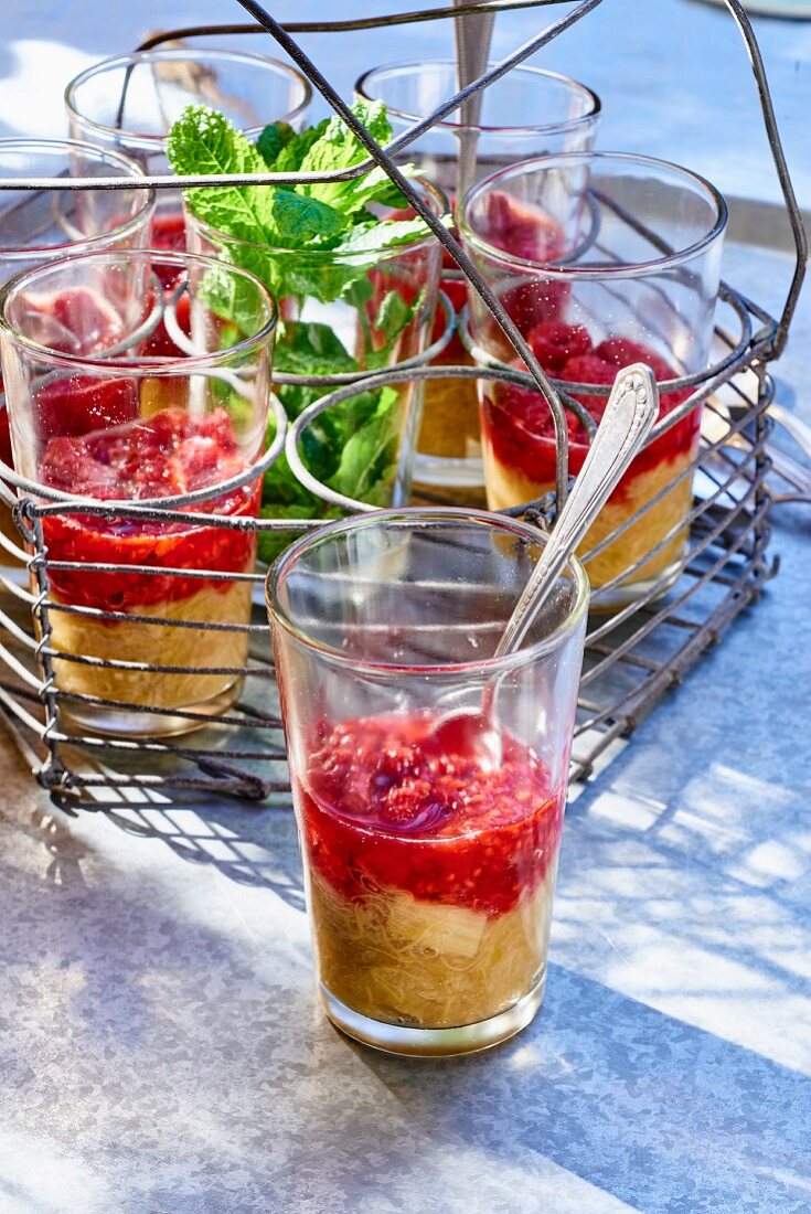 Rhubarb and raspberry compote in a glass
