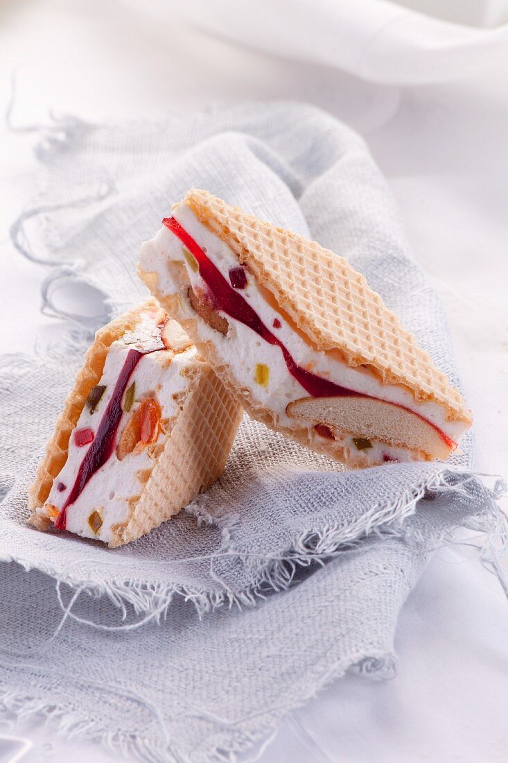 Wafer sandwiches with vanilla cream and jelly