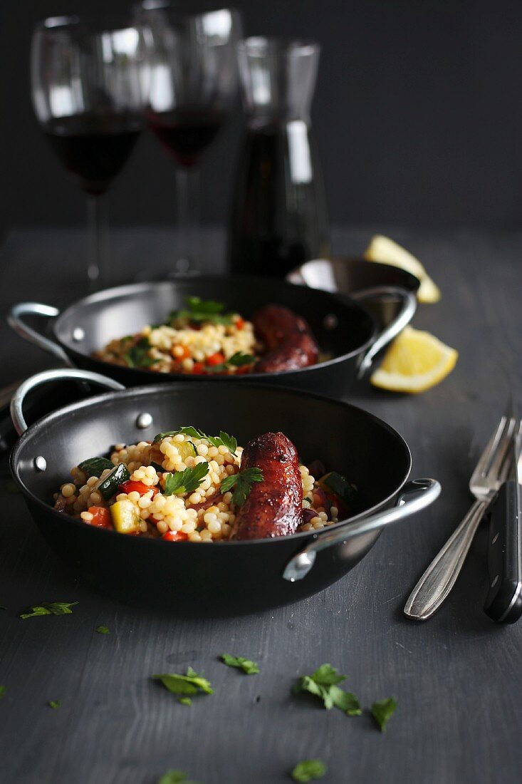 Israeli couscous with vegetables, coriander, lemon and chorizo