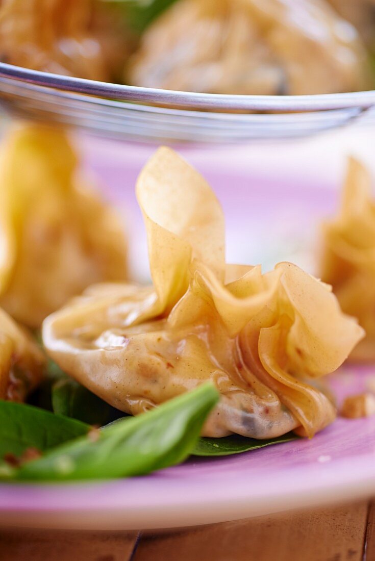 Wontons filled with spinach and feta cheese