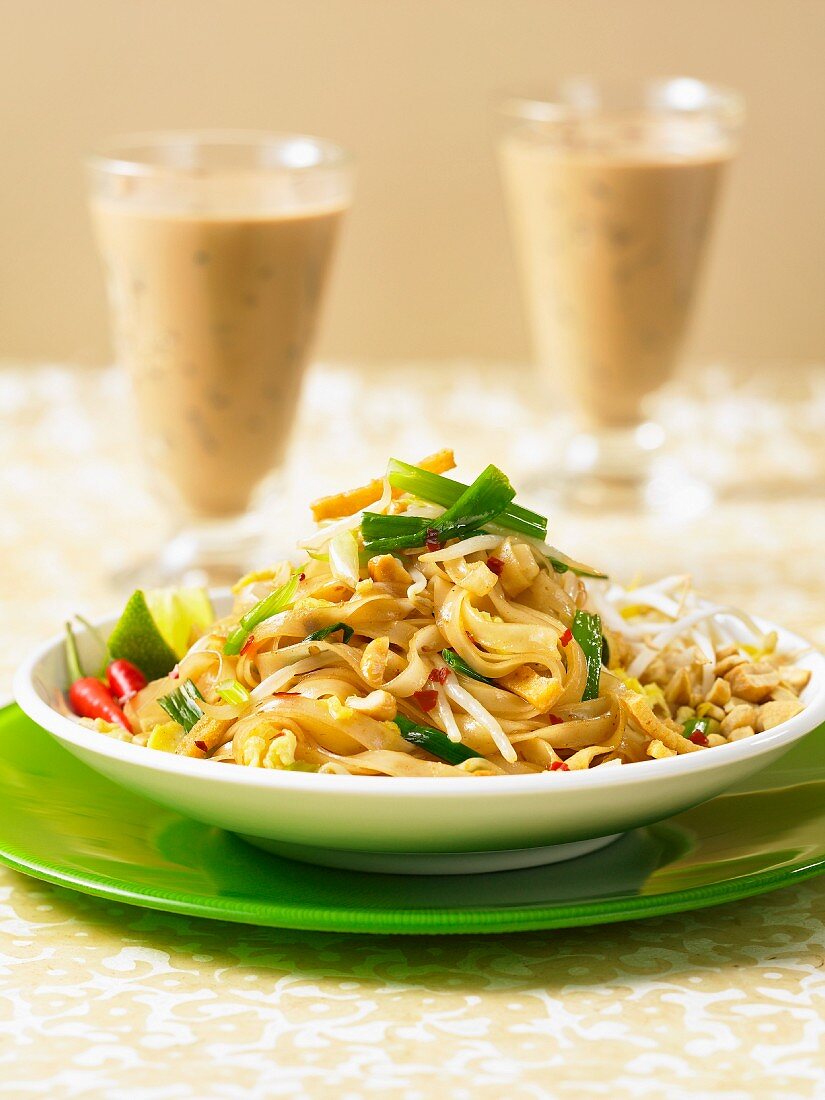 Pad Thai (Thai noodle dish) and iced coffee