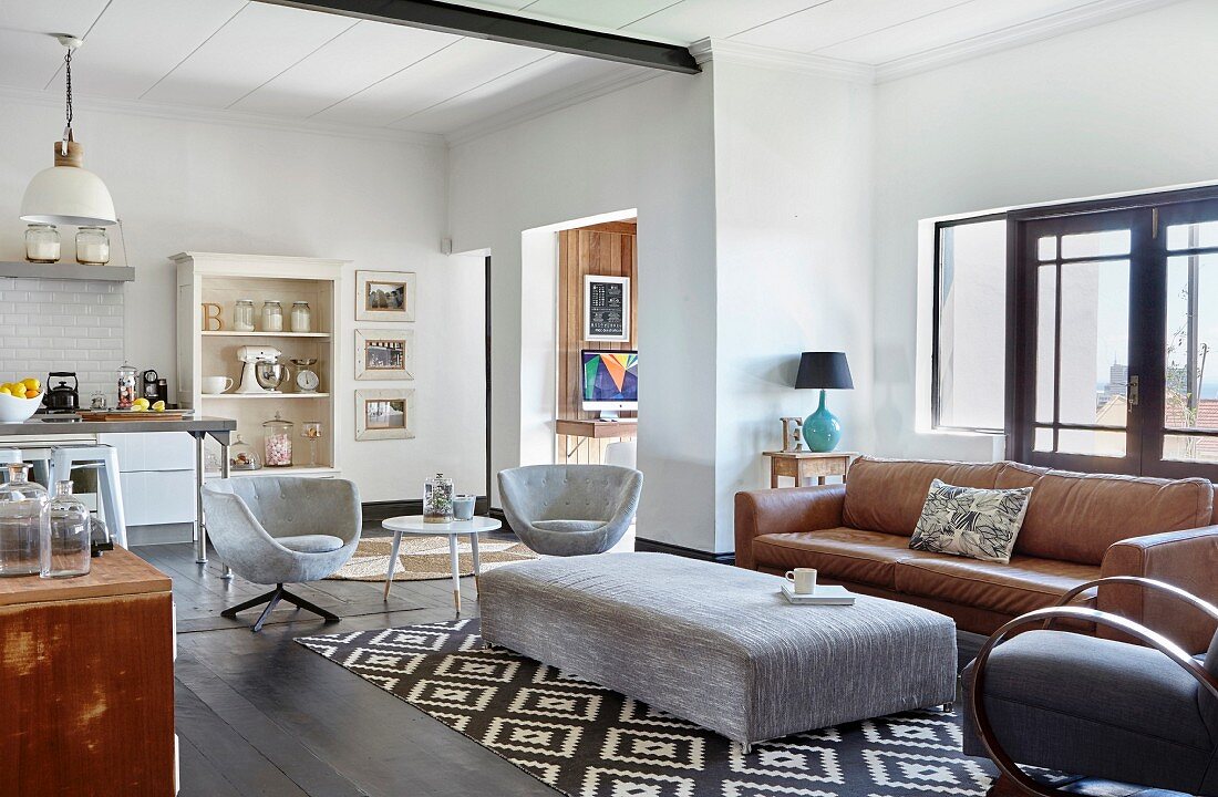 Living area and kitchen in modern interior